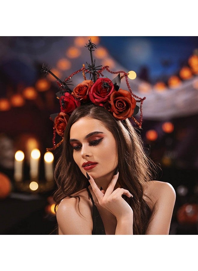 كامبسيس عصابة رأس من الزهور المكسيكية من كامبسيس لعيد الهالوين على شكل عناكب قوطية يوم الموتى تاج وردة غطاء رأس للهالوين للنساء والفتيات في مهرجانات التنكر - Image 3
