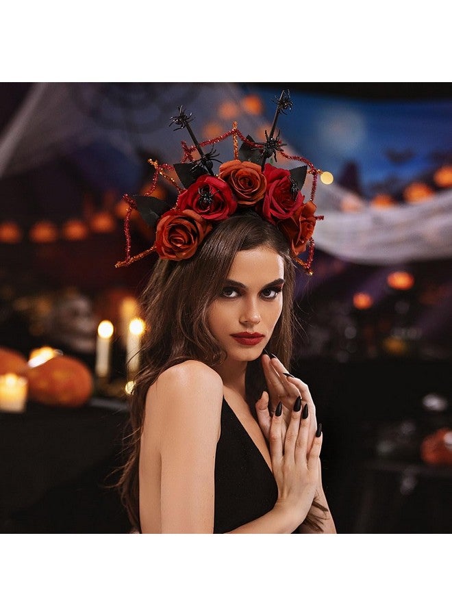 كامبسيس عصابة رأس من الزهور المكسيكية من كامبسيس لعيد الهالوين على شكل عناكب قوطية يوم الموتى تاج وردة غطاء رأس للهالوين للنساء والفتيات في مهرجانات التنكر - Image 2