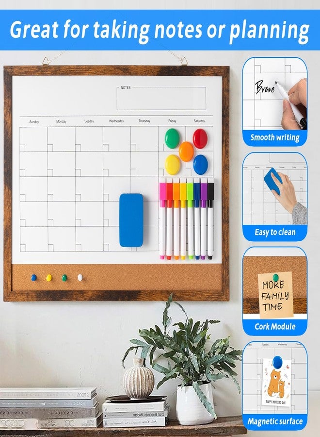 Cazeyoo Dry Erase Calendar Whiteboard, 17" x 13" Magnetic Whiteboard Cork Board Combo, Reusable Monthly Planner with 8 Markers, Eraser, Magnets and Pushpins, Hanging Dry Erase Board for Home, School - Brown - Image 3