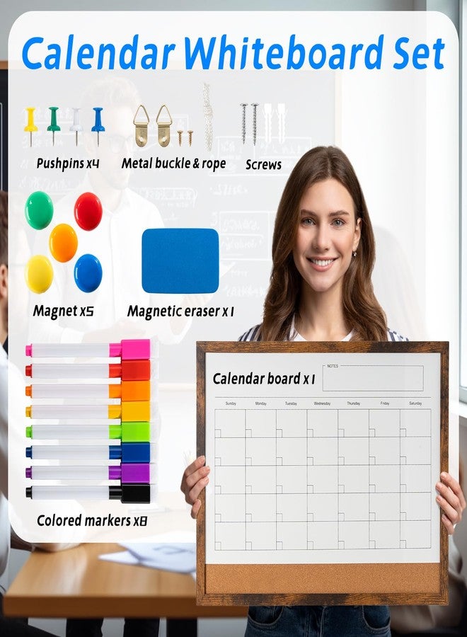 Cazeyoo Dry Erase Calendar Whiteboard, 17" x 13" Magnetic Whiteboard Cork Board Combo, Reusable Monthly Planner with 8 Markers, Eraser, Magnets and Pushpins, Hanging Dry Erase Board for Home, School - Brown - Image 2
