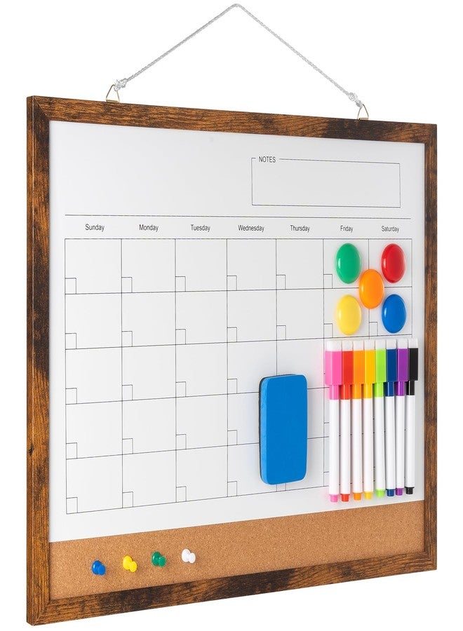 Cazeyoo Dry Erase Calendar Whiteboard, 17" x 13" Magnetic Whiteboard Cork Board Combo, Reusable Monthly Planner with 8 Markers, Eraser, Magnets and Pushpins, Hanging Dry Erase Board for Home, School - Brown - Image 1