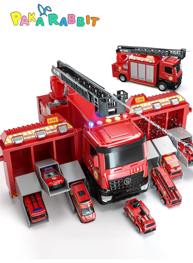 Paka Rabbit Transformable Fire Truck Toy with 6 Parking Spaces and Extendable Ladder, with Lights, Sounds, Water-Spraying Function, Includes 12 Alloy Cars, Perfect Gift for Children Aged 3+.(Red) - Image 1