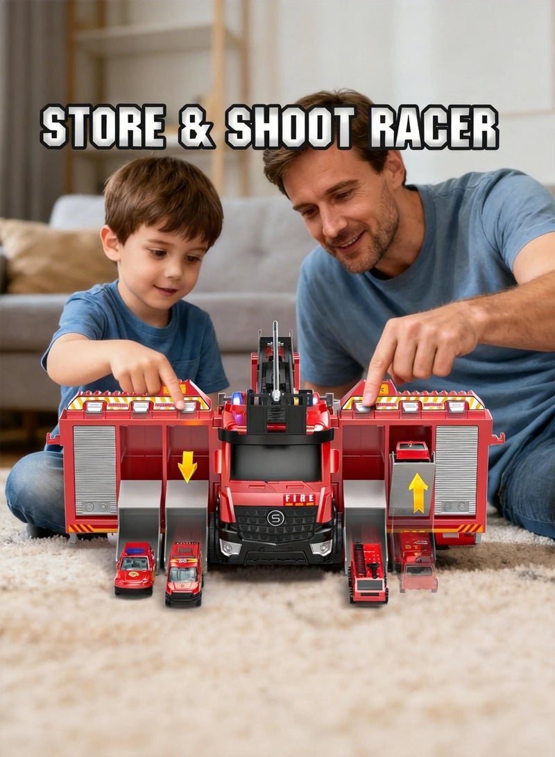 Paka Rabbit Transformable Fire Truck Toy with 6 Parking Spaces and Extendable Ladder, with Lights, Sounds, Water-Spraying Function, Includes 12 Alloy Cars, Perfect Gift for Children Aged 3+.(Red) - Image 3