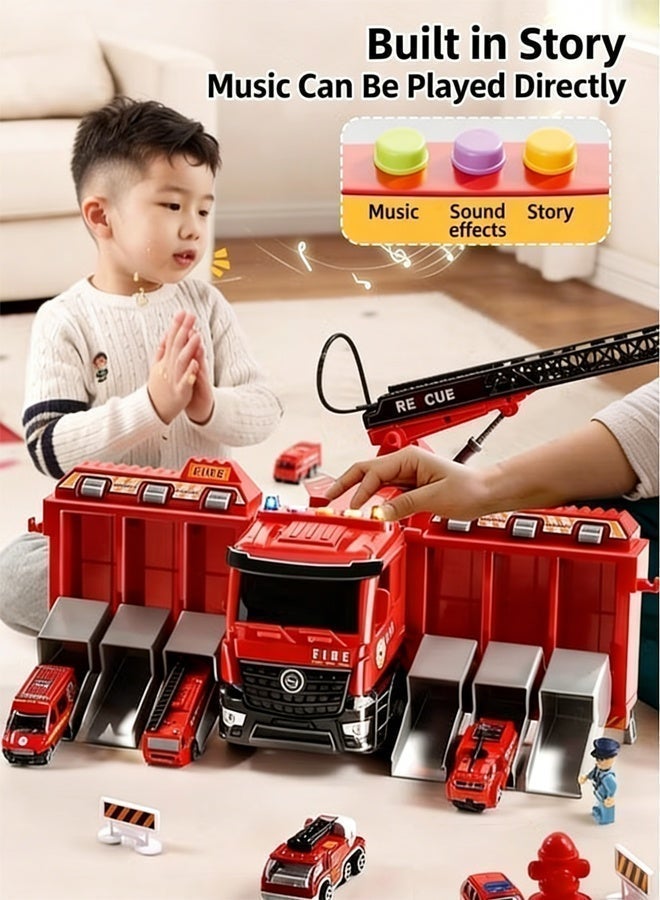 Paka Rabbit Transformable Fire Truck Toy with 6 Parking Spaces and Extendable Ladder, with Lights, Sounds, Water-Spraying Function, Includes 12 Alloy Cars, Perfect Gift for Children Aged 3+.(Red) - Image 4