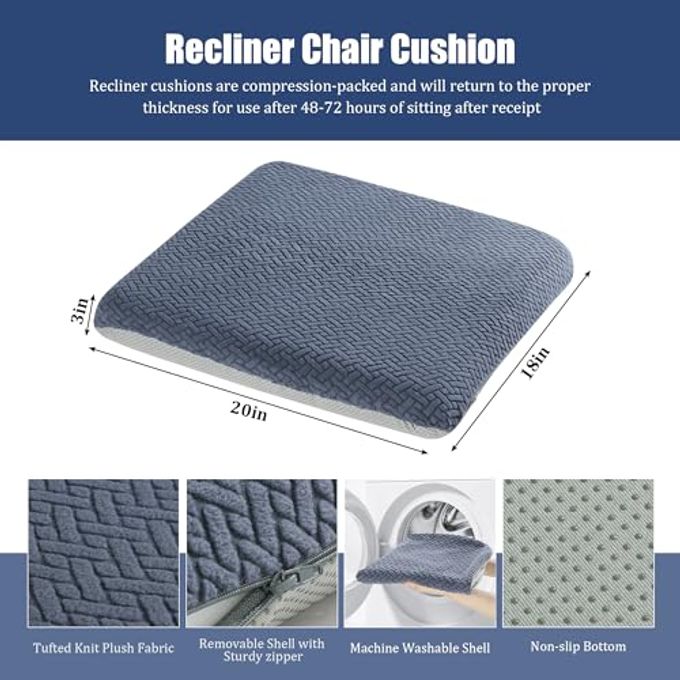 HOMBYS Tufted Furry Recliner Seat Cushion for Elderly Foam Curved Edge Large Square Seat Cushion for Recliner Chair, Floor Pillow, Office Chair, Car, No Pressure on Thighs(Grey, 20 * 18 * 3in) - Image 2
