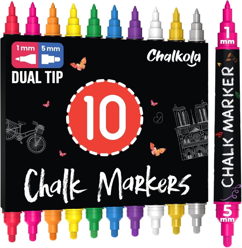 Chalkola Dual Tip Liquid Chalk Pens for Blackboard - (10 Pack, 1mm+5mm Fine, Bold Tip, w/Gold Silver) | Wet Erase, Erasable Chalk Markers for Chalkboard Signs, Car Windows, Calendar, Glass, Board Leakproof sealed - Image 1