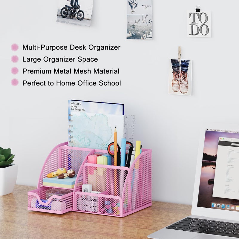 EasyPAG Mesh Desk Organizer with Drawer Multi-functional Pen Holder Stationery Organizer for Office School Supplies 6 Compartments Dorm Organizers and Storage for Desk, Light Pink - Image 2