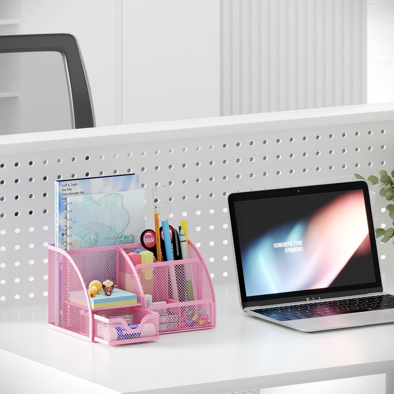 EasyPAG Mesh Desk Organizer with Drawer Multi-functional Pen Holder Stationery Organizer for Office School Supplies 6 Compartments Dorm Organizers and Storage for Desk, Light Pink - Image 5
