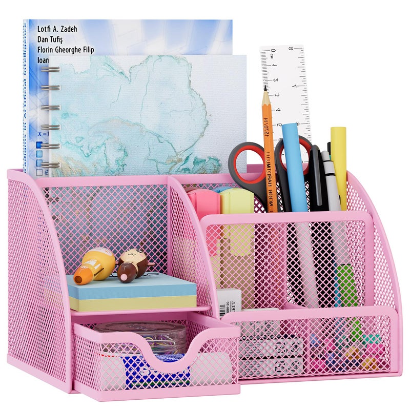 EasyPAG Mesh Desk Organizer with Drawer Multi-functional Pen Holder Stationery Organizer for Office School Supplies 6 Compartments Dorm Organizers and Storage for Desk, Light Pink - Image 1