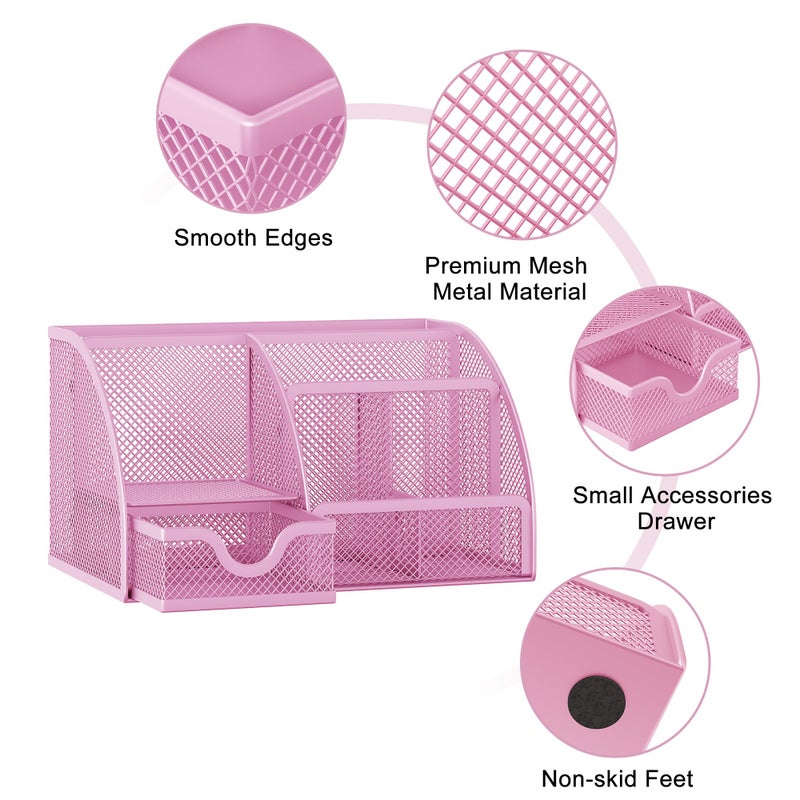 EasyPAG Mesh Desk Organizer with Drawer Multi-functional Pen Holder Stationery Organizer for Office School Supplies 6 Compartments Dorm Organizers and Storage for Desk, Light Pink - Image 3