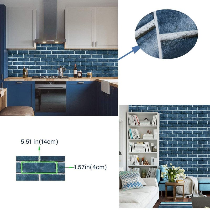 HeloHo 196.8"X17.7" Navy Blue Brick Wallpaper Peel and Stick Self-Adhesive Removable Brick 3D Textured Wall Paper for Kitchen Backsplash Living Room Bedroom Decor - Image 2