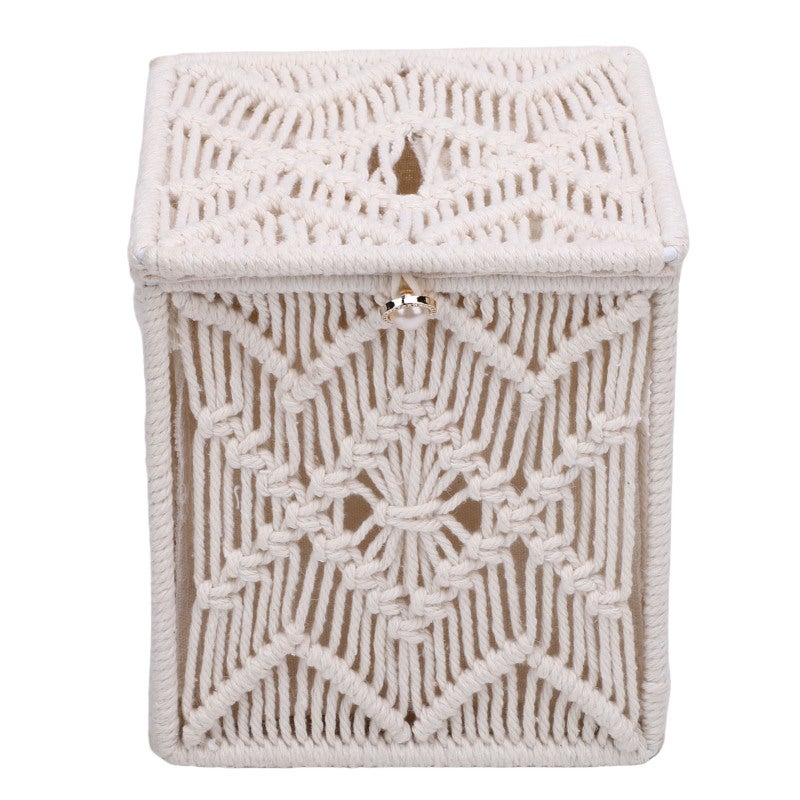 Woven Tissue Box Cover: Square Cotton Rope Knitted With Solid Iron Framework - Openable Top Design, Sturdy Non-Deformable Tissue Holder for Bedroom, Living Room, Bathroom, Office, Outdoor Use - Image 1