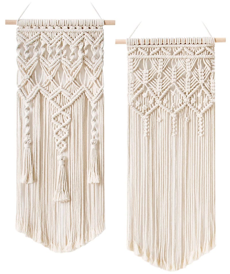 Mkono 2 Pcs Macrame Woven Wall Hanging Boho Chic Geometric Art Decor - Beautiful Bedroom Nursery Apartment Home Decoration, Gift for Girls Adults Birthday Christmas, 28" L x 13" W - Image 1