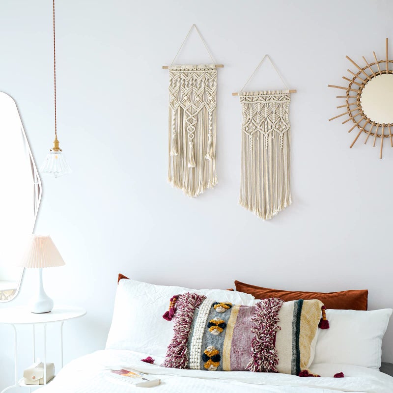 Mkono 2 Pcs Macrame Woven Wall Hanging Boho Chic Geometric Art Decor - Beautiful Bedroom Nursery Apartment Home Decoration, Gift for Girls Adults Birthday Christmas, 28" L x 13" W - Image 2