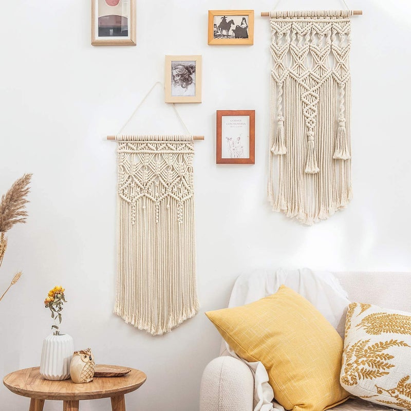 Mkono 2 Pcs Macrame Woven Wall Hanging Boho Chic Geometric Art Decor - Beautiful Bedroom Nursery Apartment Home Decoration, Gift for Girls Adults Birthday Christmas, 28" L x 13" W - Image 3