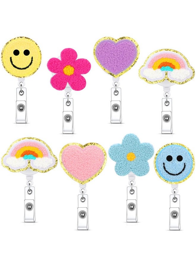 ووانجر 8 قطع من ملحقات بكرة ممرضة Preppy وجه مبتسم على شكل زهرة وفراشة قوس قزح وقلب ورأى حامل شارة اسم التمريض ملحقات بكرة شارة الهوية مع مشبك التمساح الدوار لبطاقة اسم الهوية (زهرة) - Image 1