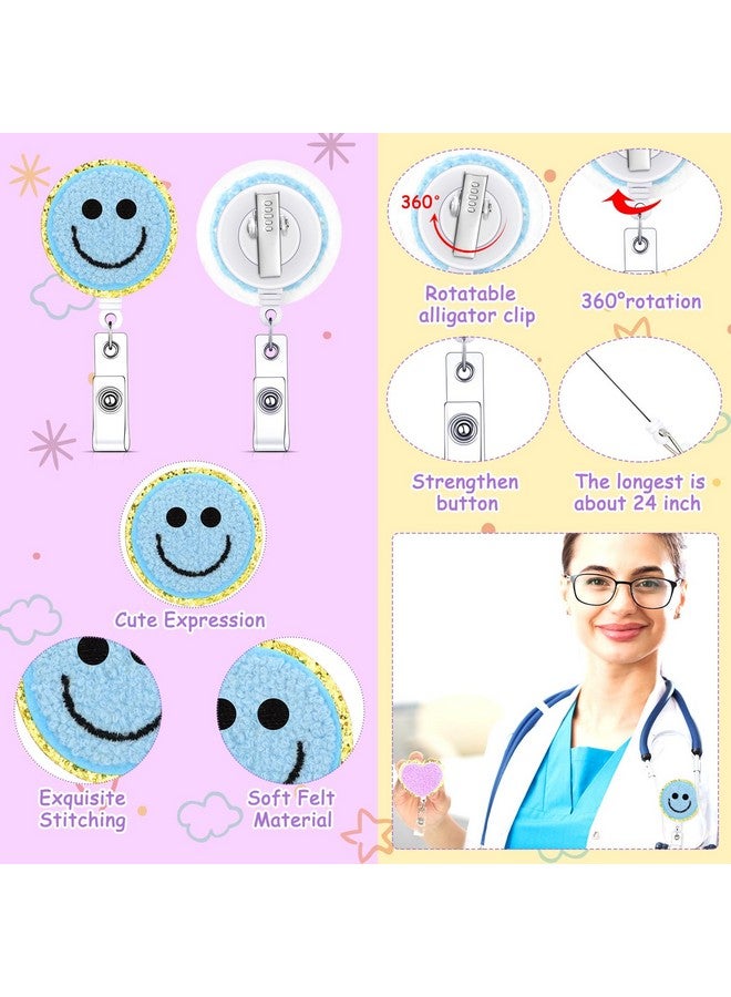 ووانجر 8 قطع من ملحقات بكرة ممرضة Preppy وجه مبتسم على شكل زهرة وفراشة قوس قزح وقلب ورأى حامل شارة اسم التمريض ملحقات بكرة شارة الهوية مع مشبك التمساح الدوار لبطاقة اسم الهوية (زهرة) - Image 4