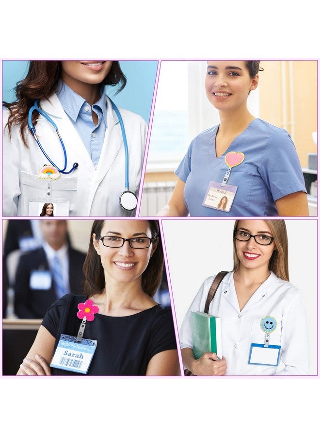 ووانجر 8 قطع من ملحقات بكرة ممرضة Preppy وجه مبتسم على شكل زهرة وفراشة قوس قزح وقلب ورأى حامل شارة اسم التمريض ملحقات بكرة شارة الهوية مع مشبك التمساح الدوار لبطاقة اسم الهوية (زهرة) - Image 2