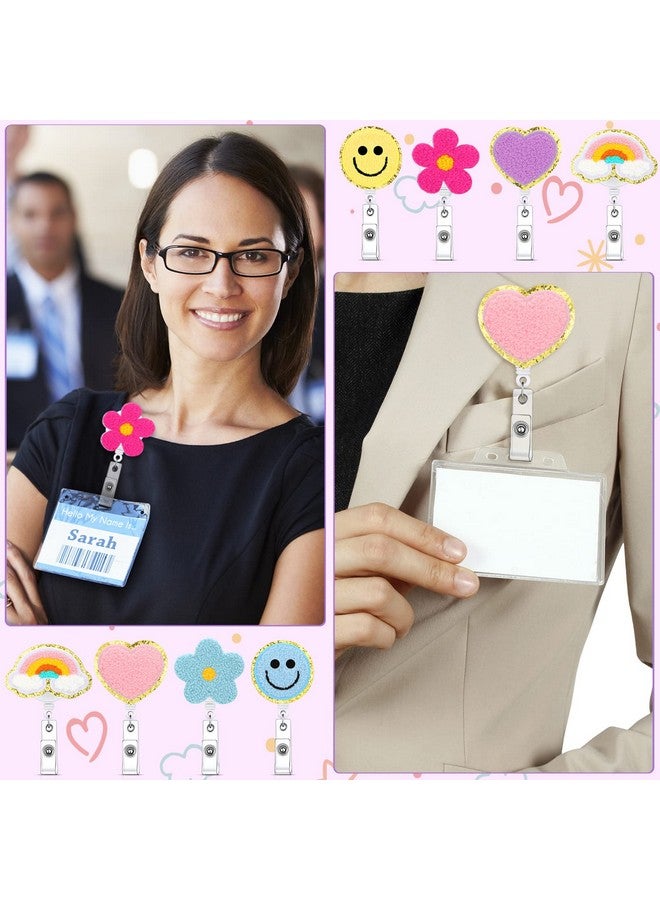 ووانجر 8 قطع من ملحقات بكرة ممرضة Preppy وجه مبتسم على شكل زهرة وفراشة قوس قزح وقلب ورأى حامل شارة اسم التمريض ملحقات بكرة شارة الهوية مع مشبك التمساح الدوار لبطاقة اسم الهوية (زهرة) - Image 5