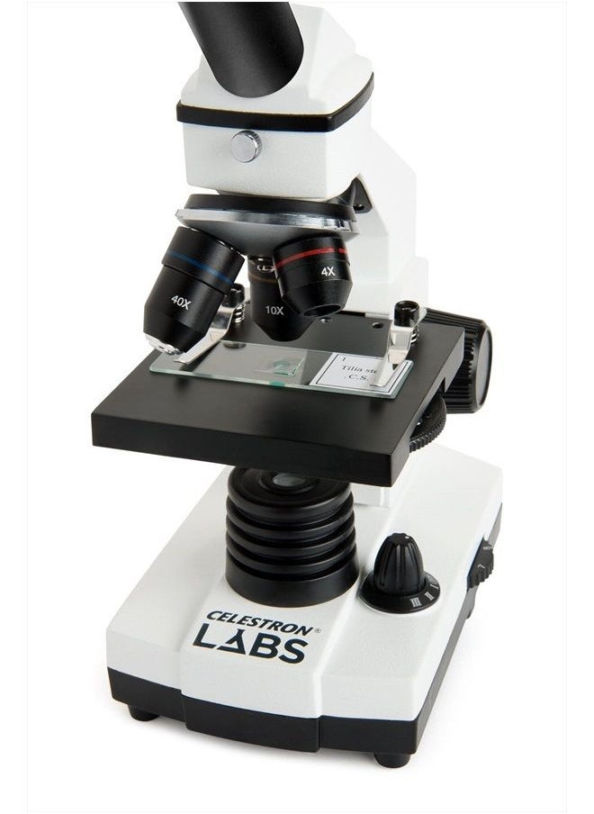 – Celestron Labs – Monocular Head Compound Microscope – 40-800x Magnification – Adjustable Mechanical Stage – Includes 2 Eyepieces and 10 Prepared Slides