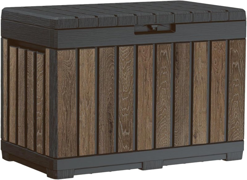 Keter Signature Everwood 50 Gallon Resin Deck Box-Organization and Storage for Patio Cushions, Throw Pillows and Garden Tools, Walnut - Image 1