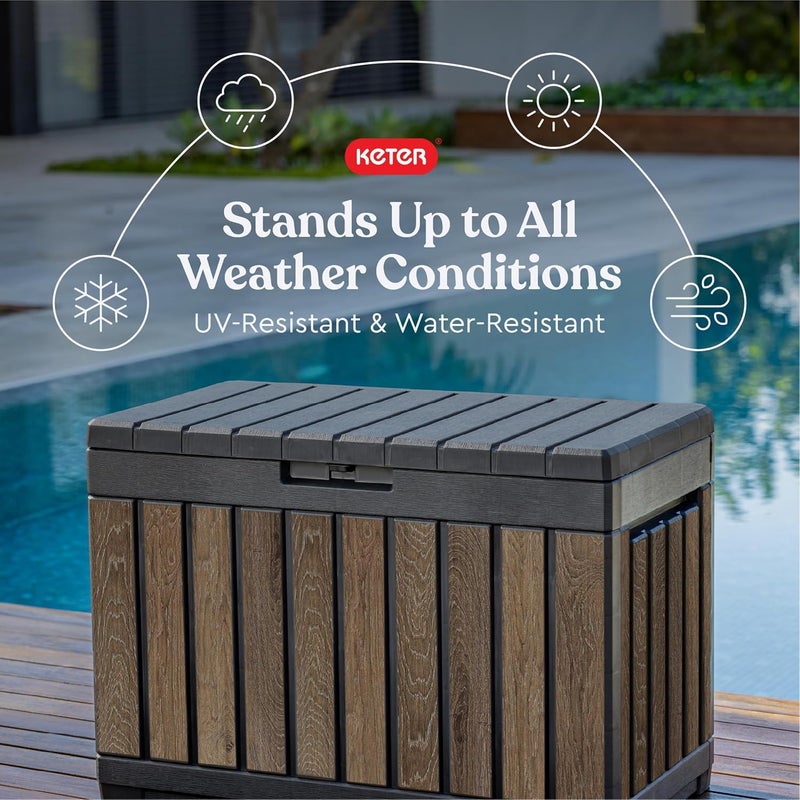 Keter Signature Everwood 50 Gallon Resin Deck Box-Organization and Storage for Patio Cushions, Throw Pillows and Garden Tools, Walnut - Image 3