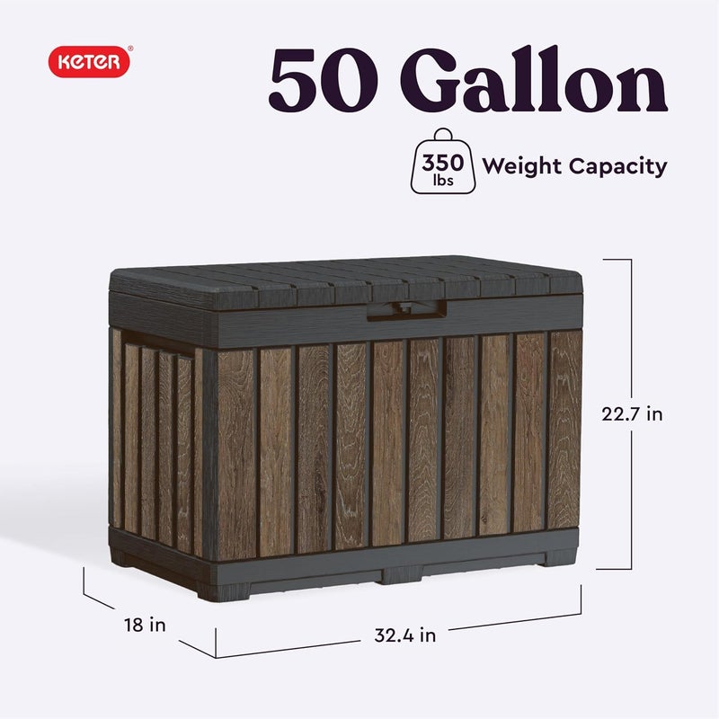 Keter Signature Everwood 50 Gallon Resin Deck Box-Organization and Storage for Patio Cushions, Throw Pillows and Garden Tools, Walnut - Image 2