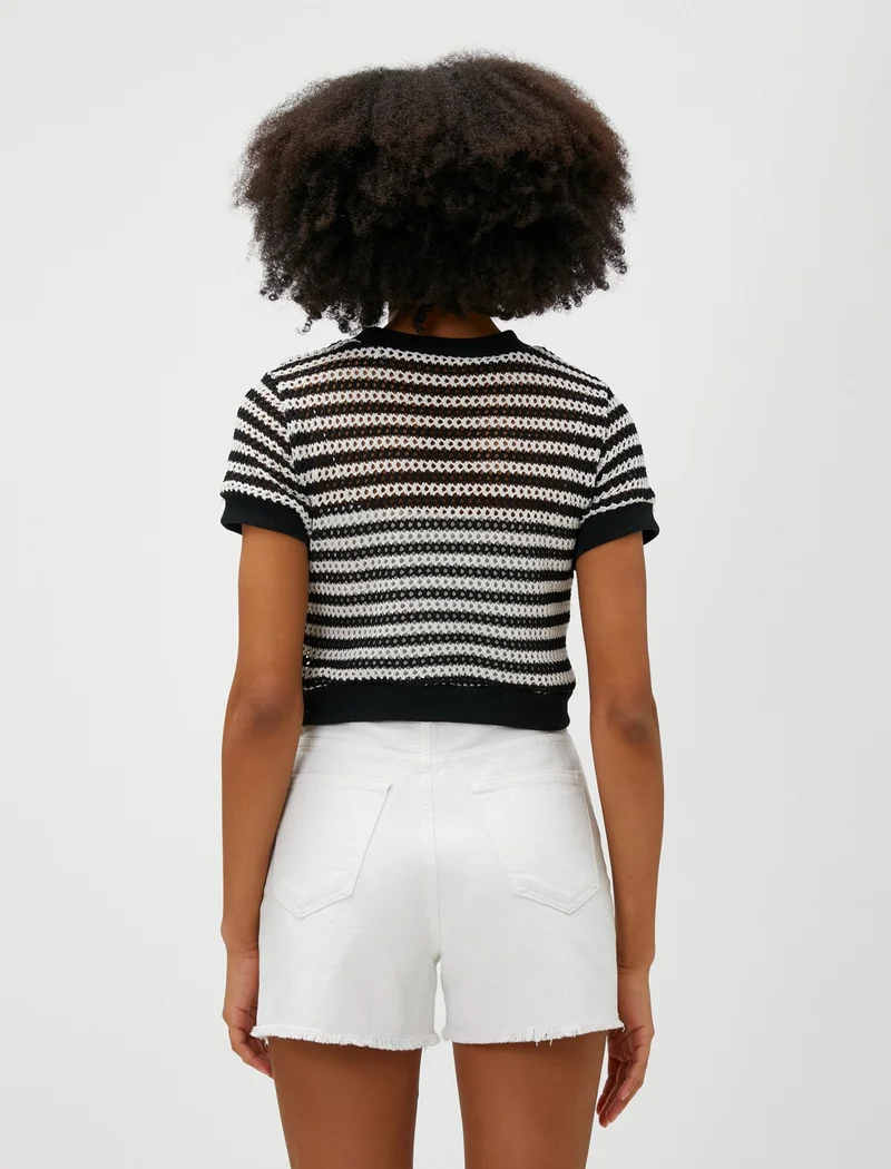 كوتون Crop T-Shirt Mesh Short Sleeve Crew Neck Openwork