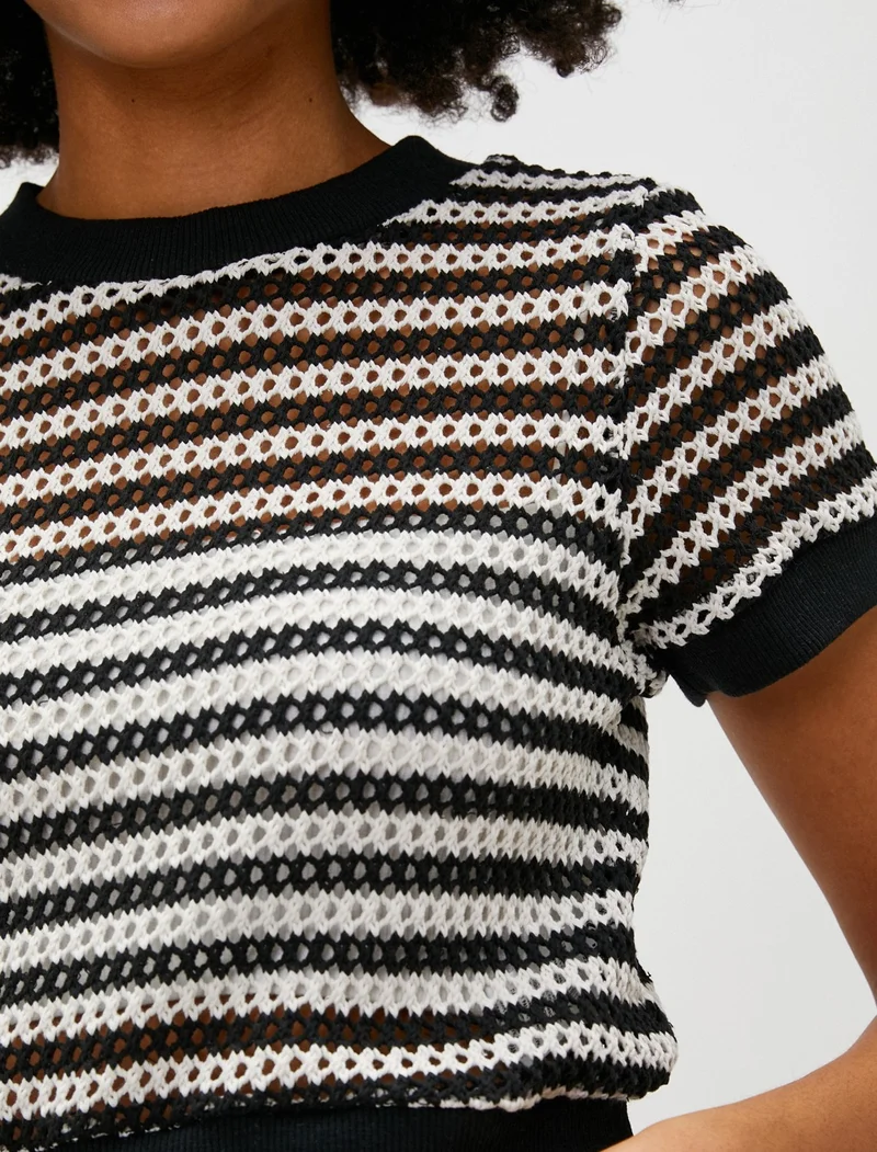 كوتون Crop T-Shirt Mesh Short Sleeve Crew Neck Openwork