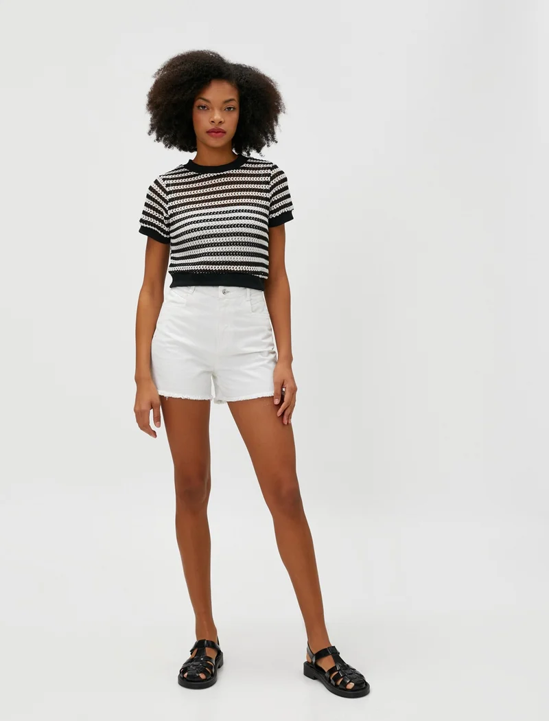 كوتون Crop T-Shirt Mesh Short Sleeve Crew Neck Openwork