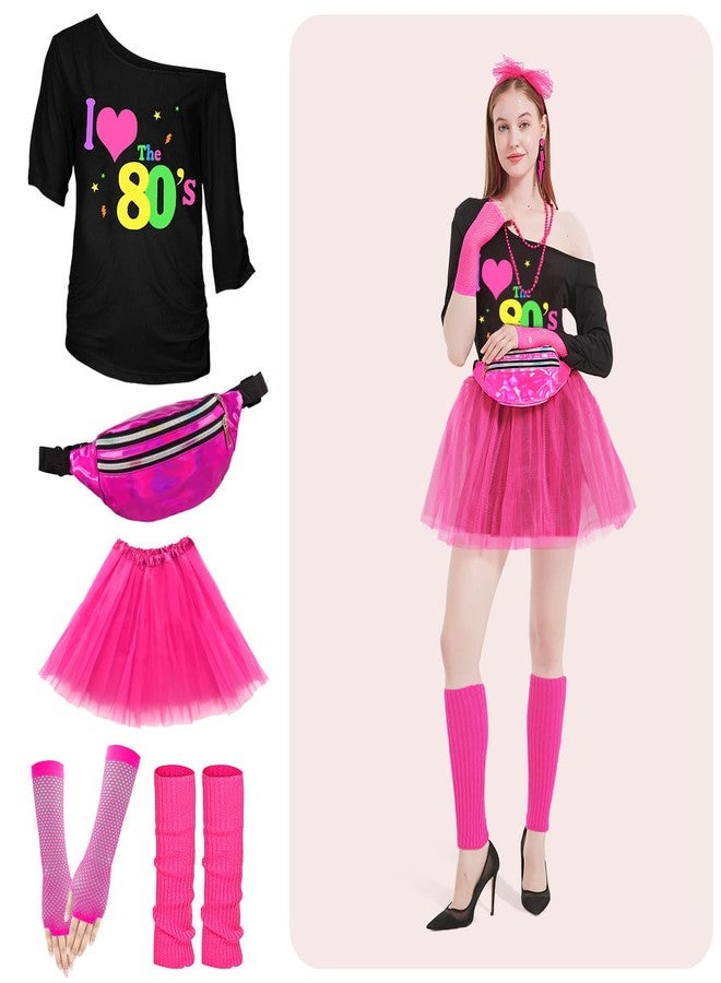 WILDPARTY 80s Costume Accessories for Women, T-Shirt Tutu Fanny Pack Headband Earring Necklace Fishnet Gloves Legwarmers 80s Party Halloween outfit for Women 24PCS (LoveBY-Pink-XL) - Image 4
