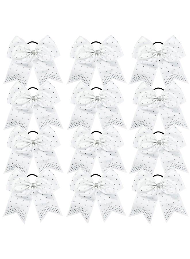Hipcheer 12PCS 8" Rhinestones Large Cheer Hair Bows for Girls, Hand-made Grosgrain Ribbon Hair Accessories for Teen Girls Softball Cheerleader Sport (White) - Image 1