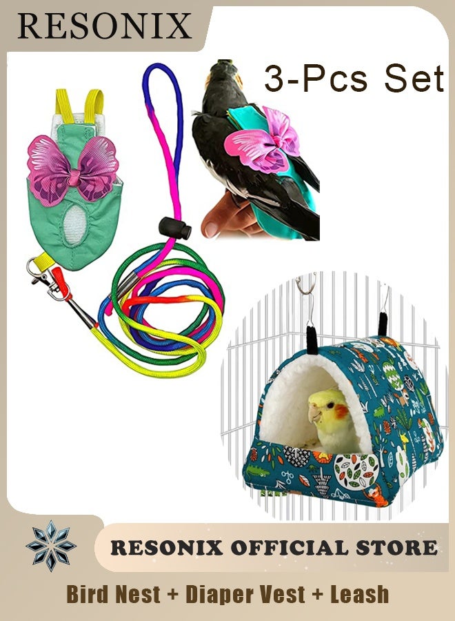 RESONIX Bird & Small Animal Care Set - Bird Diaper Flight Suit with Leash & Hanging Fleece Nest, Washable Pet Accessories for Parrot, Parakeet, Hamster (3 Pcs Set) - Image 1