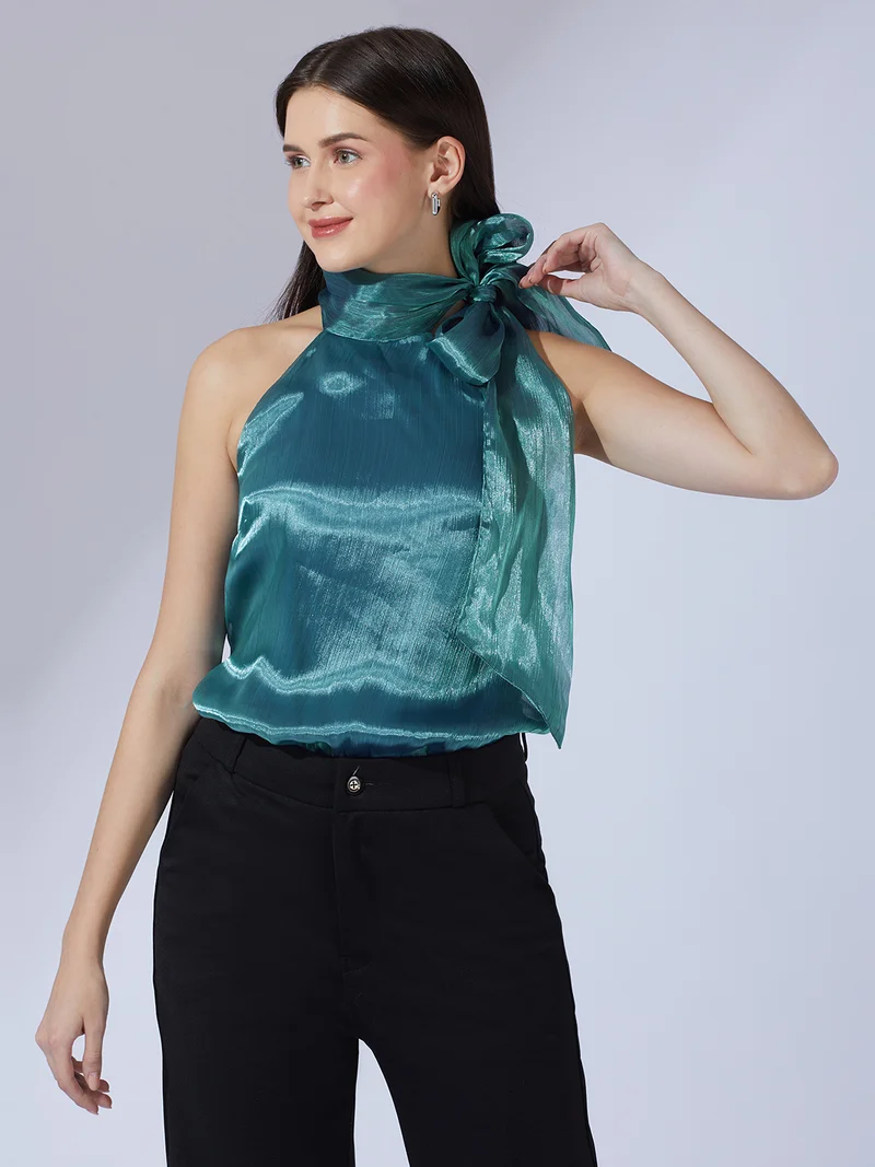 globus Women Teal Halter Neck With Bow Tie-Up Organza Party Top