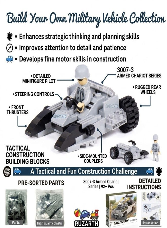 Ruzarth 3 in 1 Military Building Blocks Toy for Kids 6+ Years, Armed Chariot Vehicle Construction Set, STEM Educational Brick Kit, Creative DIY Learning Toy, Birthday Gift for Boys Girls (92+ PCS) - Image 4