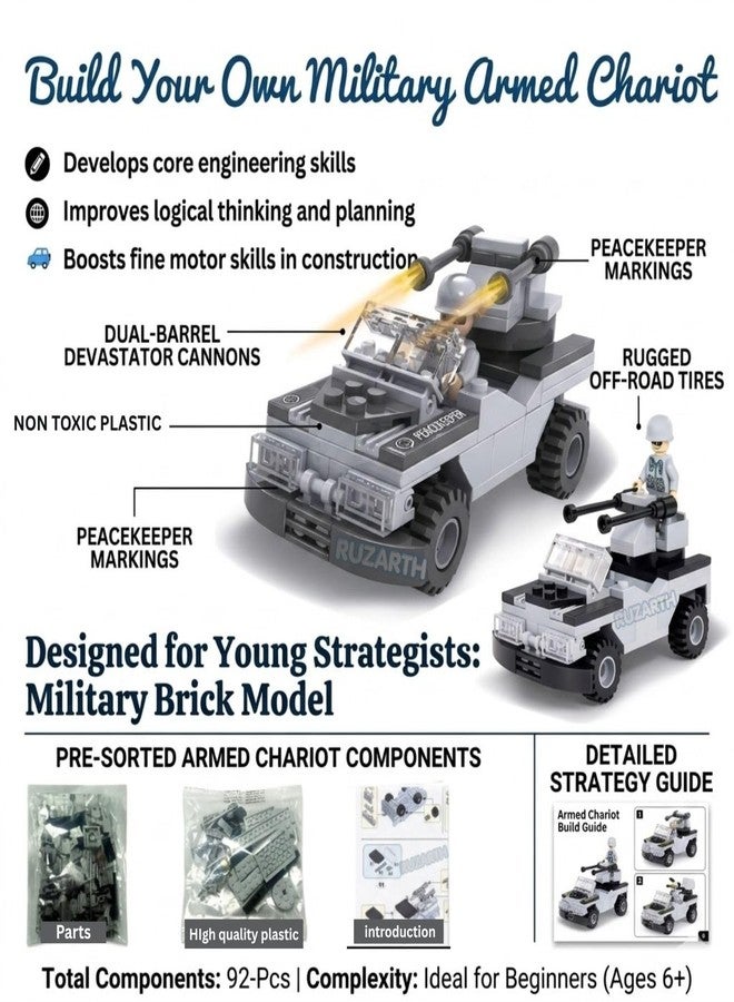 Ruzarth 3 in 1 Military Building Blocks Toy for Kids 6+ Years, Armed Chariot Vehicle Construction Set, STEM Educational Brick Kit, Creative DIY Learning Toy, Birthday Gift for Boys Girls (92+ PCS) - Image 3