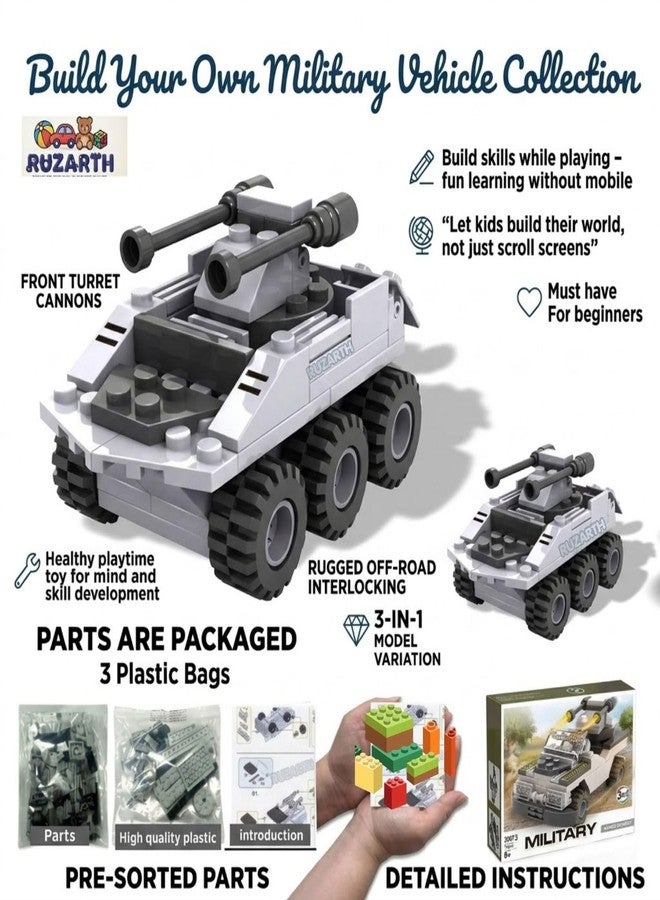 Ruzarth 3 in 1 Military Building Blocks Toy for Kids 6+ Years, Armed Chariot Vehicle Construction Set, STEM Educational Brick Kit, Creative DIY Learning Toy, Birthday Gift for Boys Girls (92+ PCS) - Image 5