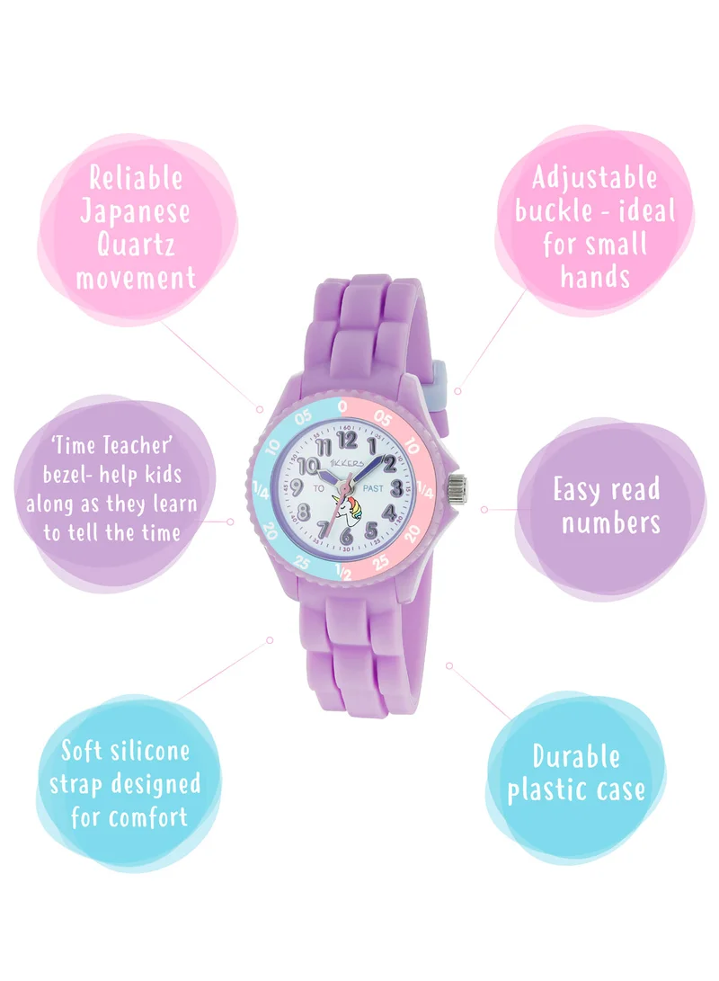 Tikkers Tikkers Girls Purple Silicone Strap Unicorn Dial Time Teacher Watch - TK0147