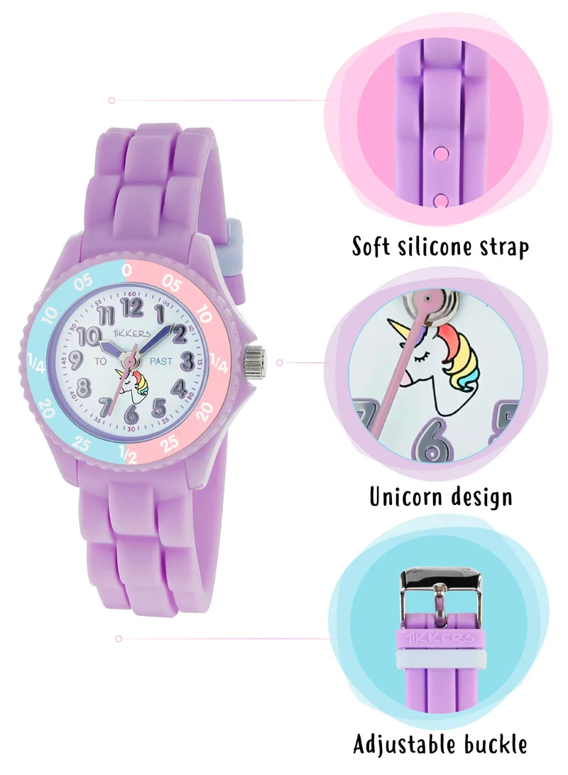 Tikkers Tikkers Girls Purple Silicone Strap Unicorn Dial Time Teacher Watch - TK0147