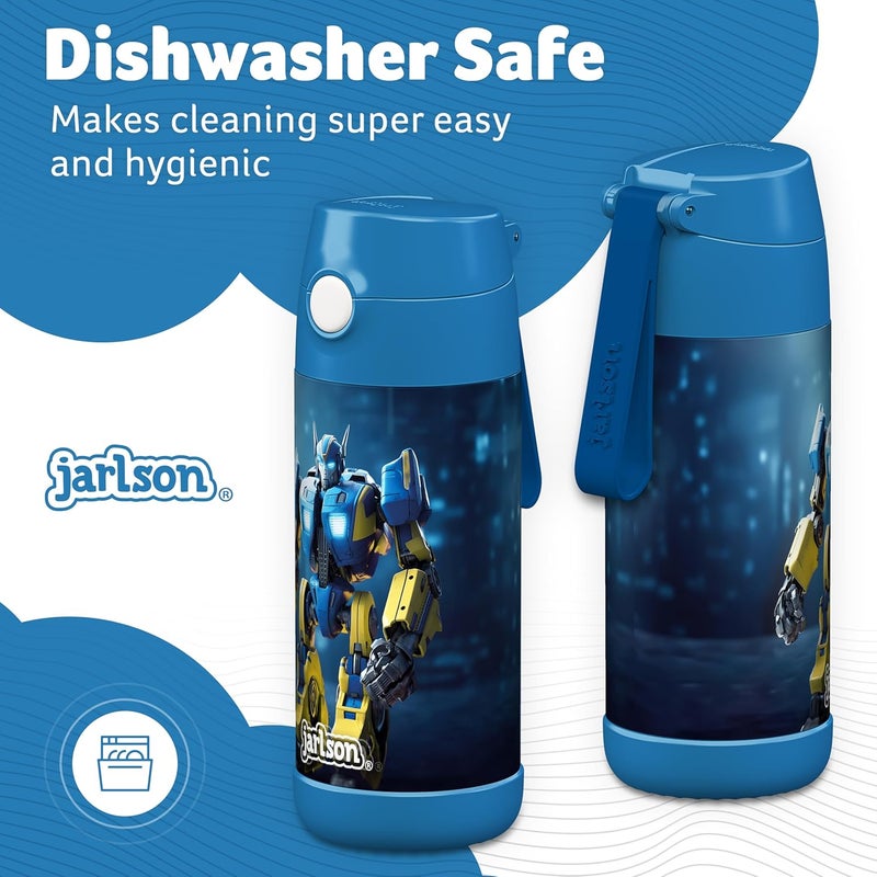 Jarlson قارورة الشرب الفولاذية المقاومة للصدأ للأطفال شارلي من جارلسون® [مع قشة] - ترمس مقاوم للتسرب - قارورة مياه أطفال - قارورة شرب حرارية للمدرسة والحضانة (350 مل، روبوت) - Image 3