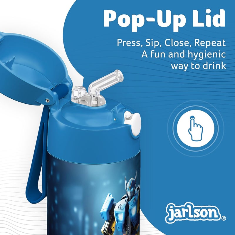 Jarlson قارورة الشرب الفولاذية المقاومة للصدأ للأطفال شارلي من جارلسون® [مع قشة] - ترمس مقاوم للتسرب - قارورة مياه أطفال - قارورة شرب حرارية للمدرسة والحضانة (350 مل، روبوت) - Image 4