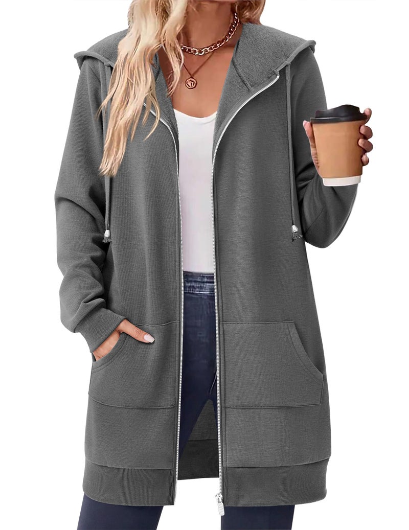 Zeagoo Womens Hoodie Zip Up Solid Color Long Sleeve Sweatshirts Lightweight Fleece Fall Coat Casual Oversized Grey Hoodies
