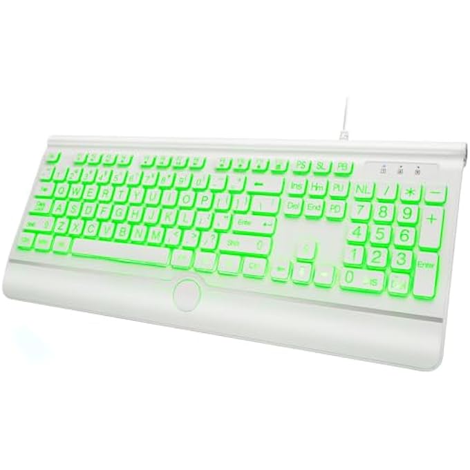 rayihni COMPUTER WIRED KEYBOARD, LARGE PRINT BACKLIT KEYBOARD WITH WRIST REST, 7-COLORS BACKLIT, PLUG AND PLAY, FOLDABLE STANDS, SPILL-RESISTANT, CORDED FULL SIZE KEYBOARD FOR PC, LAPTOP (WHITE, LARGE PRINT) - Image 1