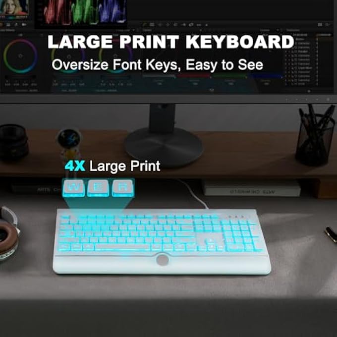 rayihni COMPUTER WIRED KEYBOARD, LARGE PRINT BACKLIT KEYBOARD WITH WRIST REST, 7-COLORS BACKLIT, PLUG AND PLAY, FOLDABLE STANDS, SPILL-RESISTANT, CORDED FULL SIZE KEYBOARD FOR PC, LAPTOP (WHITE, LARGE PRINT) - Image 3