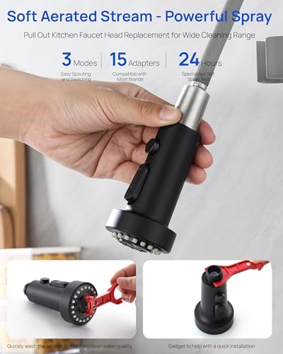 J-HVA Pull Down Kitchen Faucet Sprayer Head Replacement Part, 3 Function with 15 Adapters Pull Out Sink Sprayer Replacement Nozzle, Kitchen Faucet Head Hose Spray Tap Spout, Matte Black - Image 4