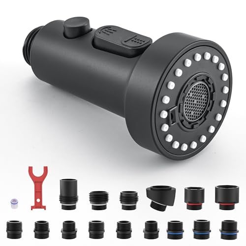 J-HVA Pull Down Kitchen Faucet Sprayer Head Replacement Part, 3 Function with 15 Adapters Pull Out Sink Sprayer Replacement Nozzle, Kitchen Faucet Head Hose Spray Tap Spout, Matte Black - Image 1