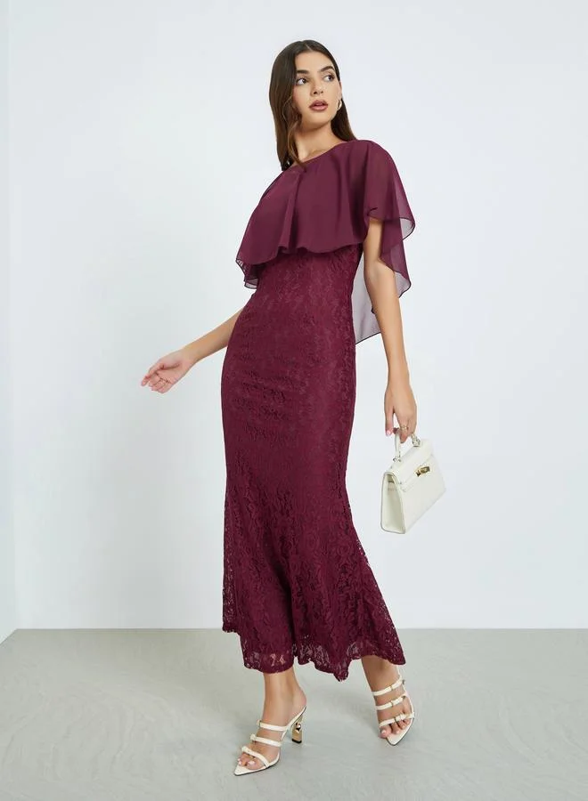 Styli Styli Burgundy Lace Maxi Dress with Cape Sleeves