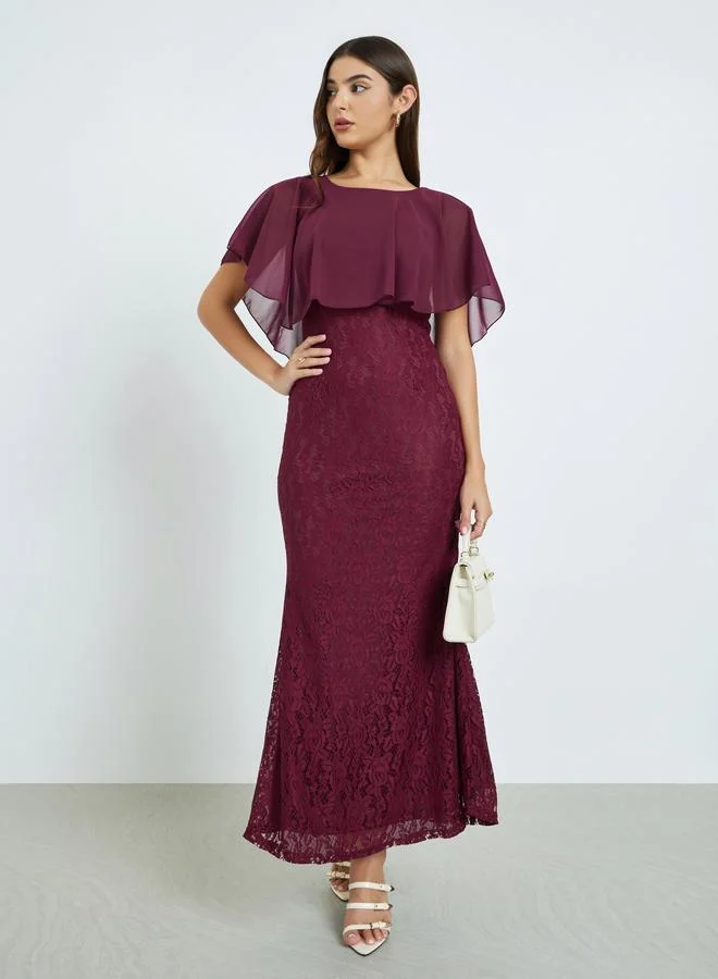 Styli Styli Burgundy Lace Maxi Dress with Cape Sleeves