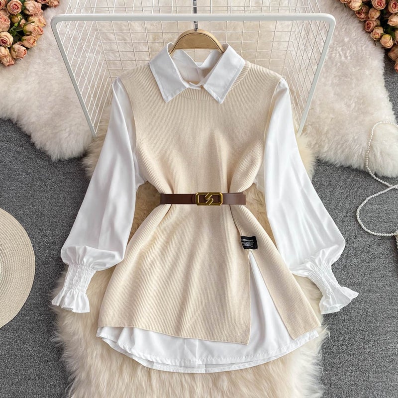 Spring Autumn Casual Knit Vest and Shirt Set for Women Beige two-piece set