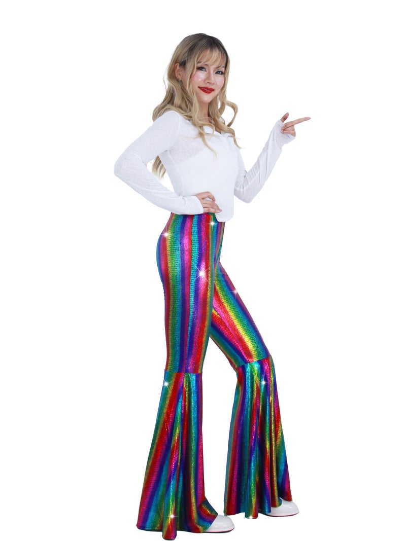Nawgut Womens Sequin Flare Pant Sparkly High Waisted Leg Bell Bottom Glitter Trousers Night Out Clubwear-X-Large - Image 4